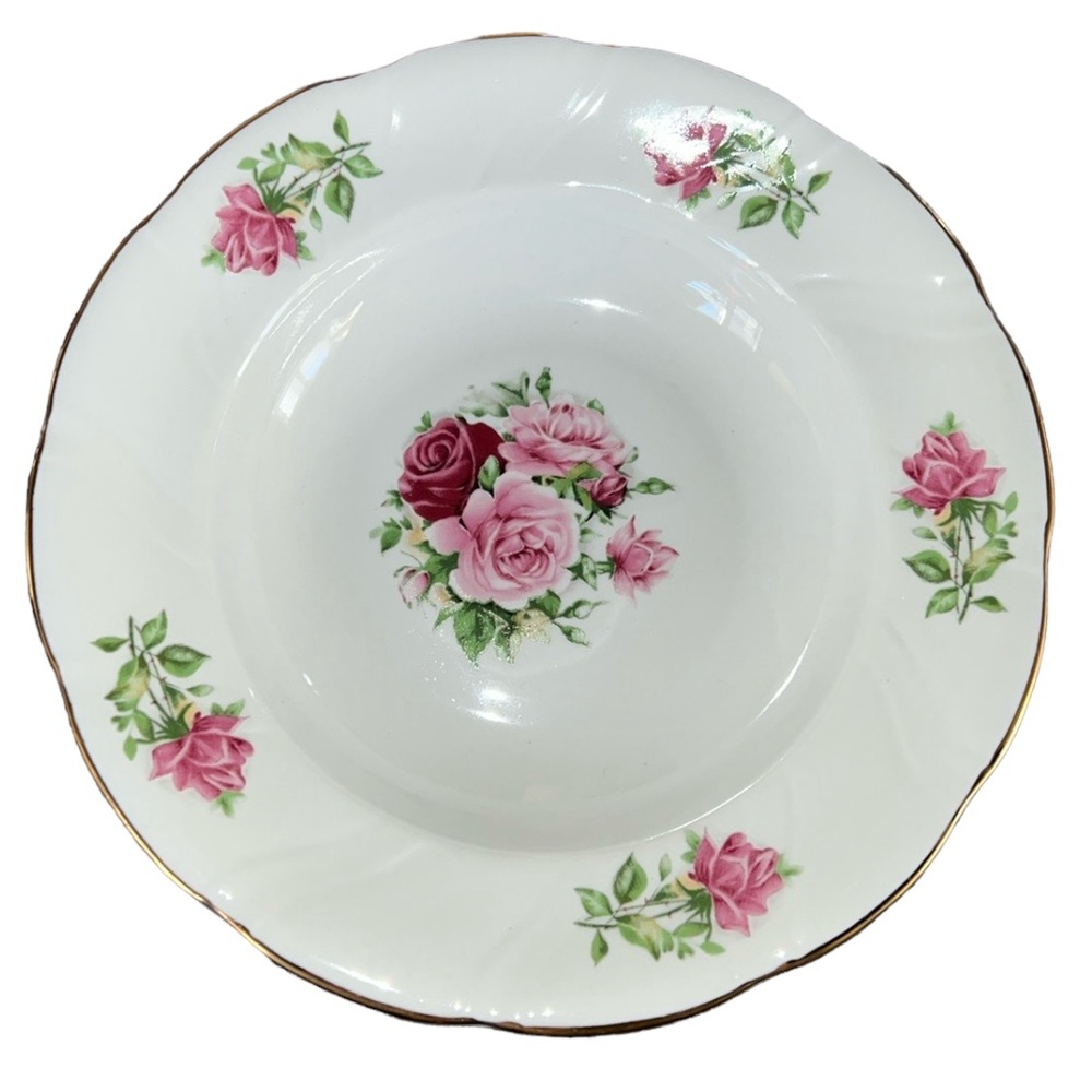 CERAMIC BOWL MARIA PATTERN FORMALITIES BY BAUM BROS ROSES & LEAVES, GOLD TRIM